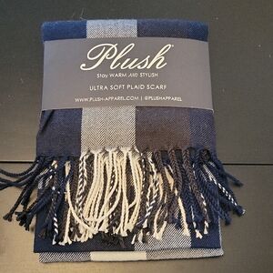 Plush Navy and White Plaid Scarf